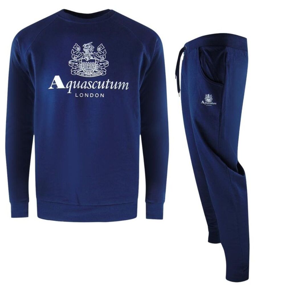 Aquascutum Mens London Logo Crew Neck Tracksuit Set / Navy Blue